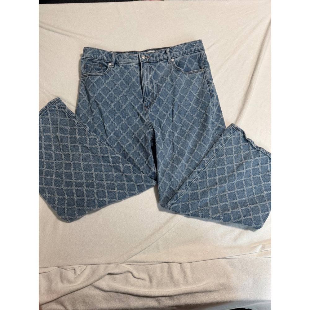 Loft Womens Blue Diamond Lattice Textured Wide Leg Jeans High Rise Relaxed 32/14